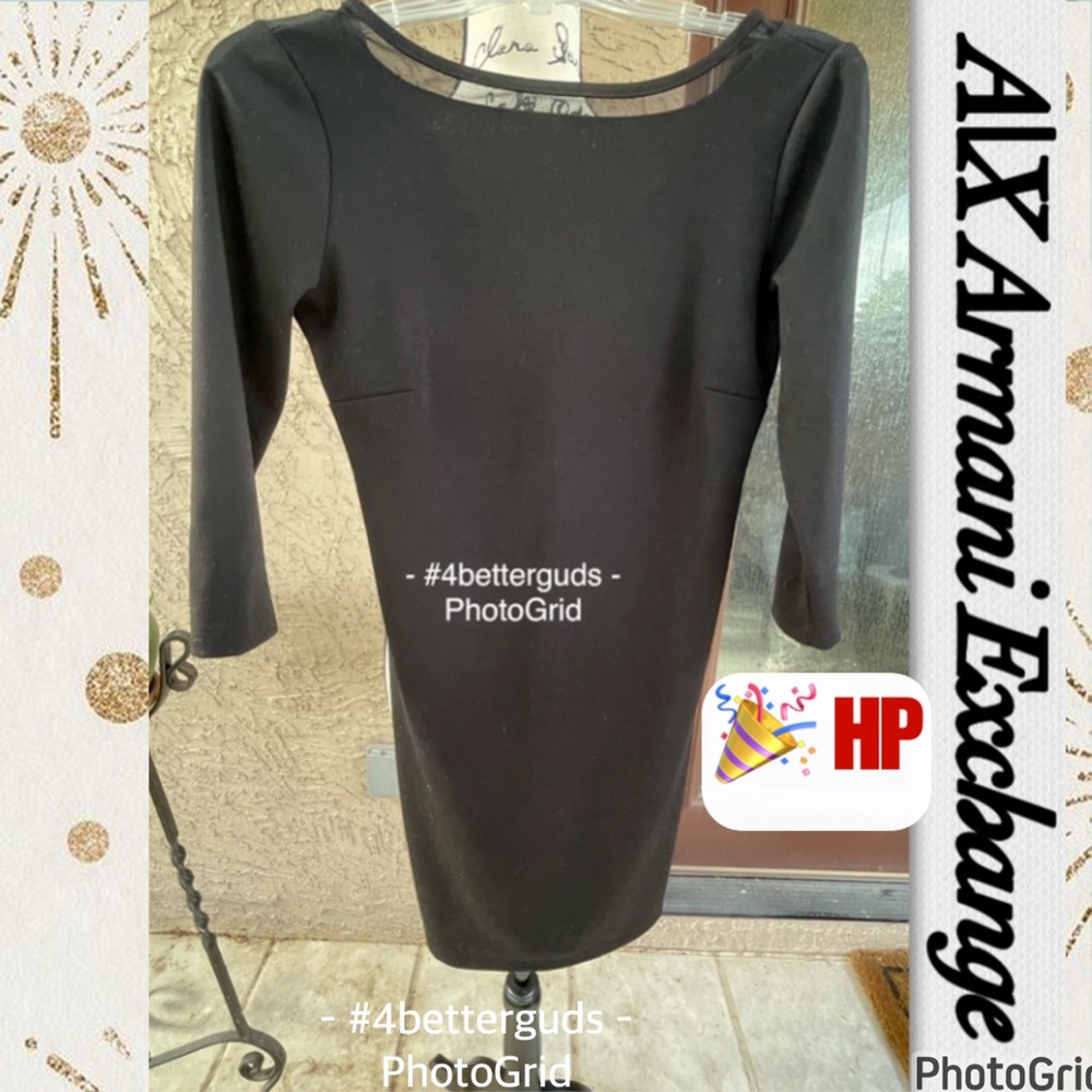 A|X Armani Exchange Straight Cut LBD Mesh Trim Neck 3/4 Sleeve Bodycon dress S/P